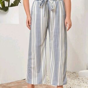 Plus Striped Belted Wide Leg Pants
